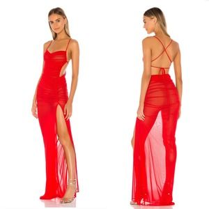 Michael Costello Follie Gown Red Sheer Mesh Maxi Dress XS Ruched Side Slit